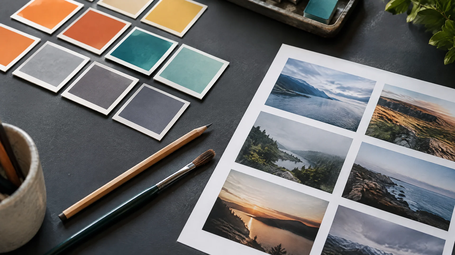 Colour swatch cards, a pencil, a brush and a printed contact sheet of landscape photos on a dark desk