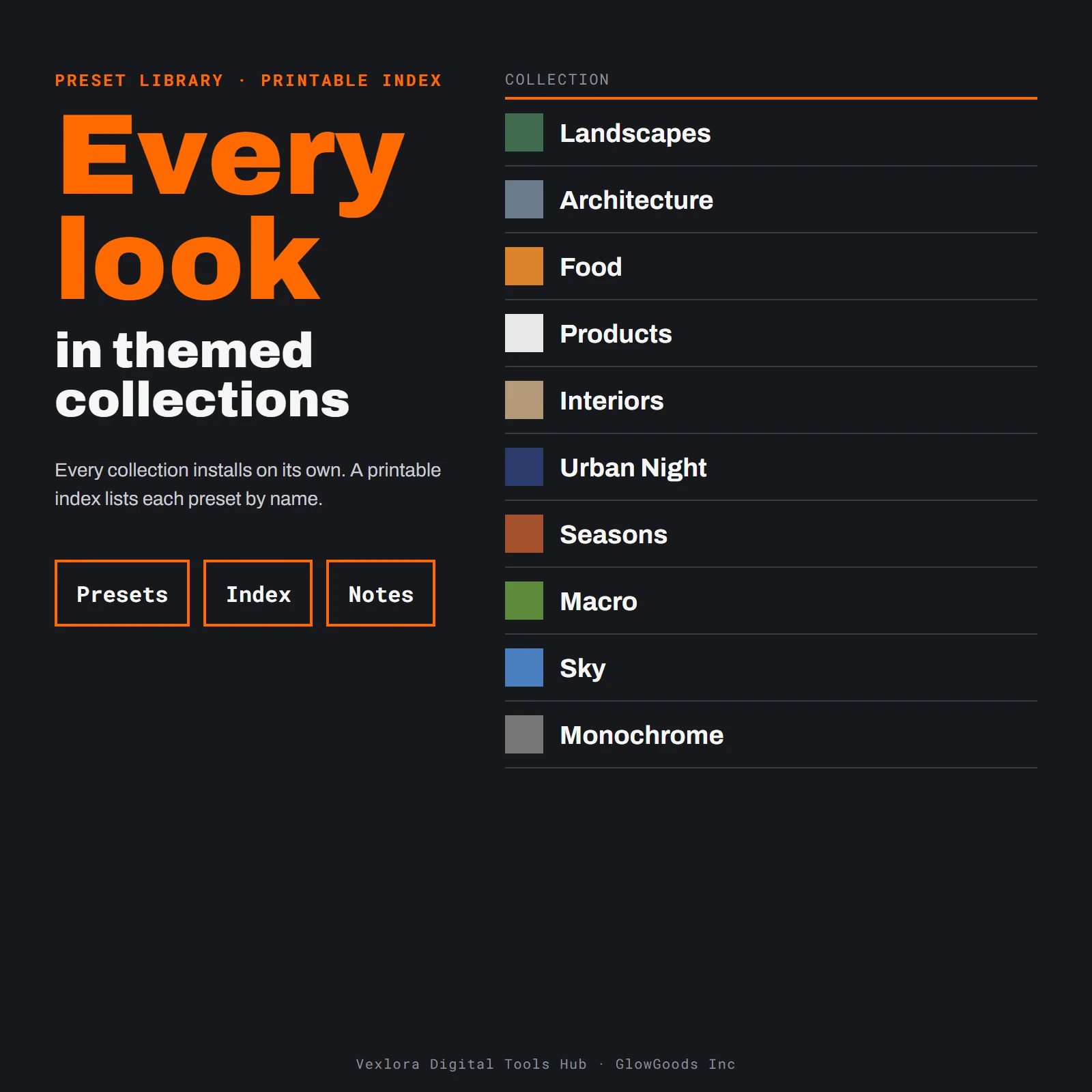 Preview of the Complete Preset Library showing a collection index with colour chips