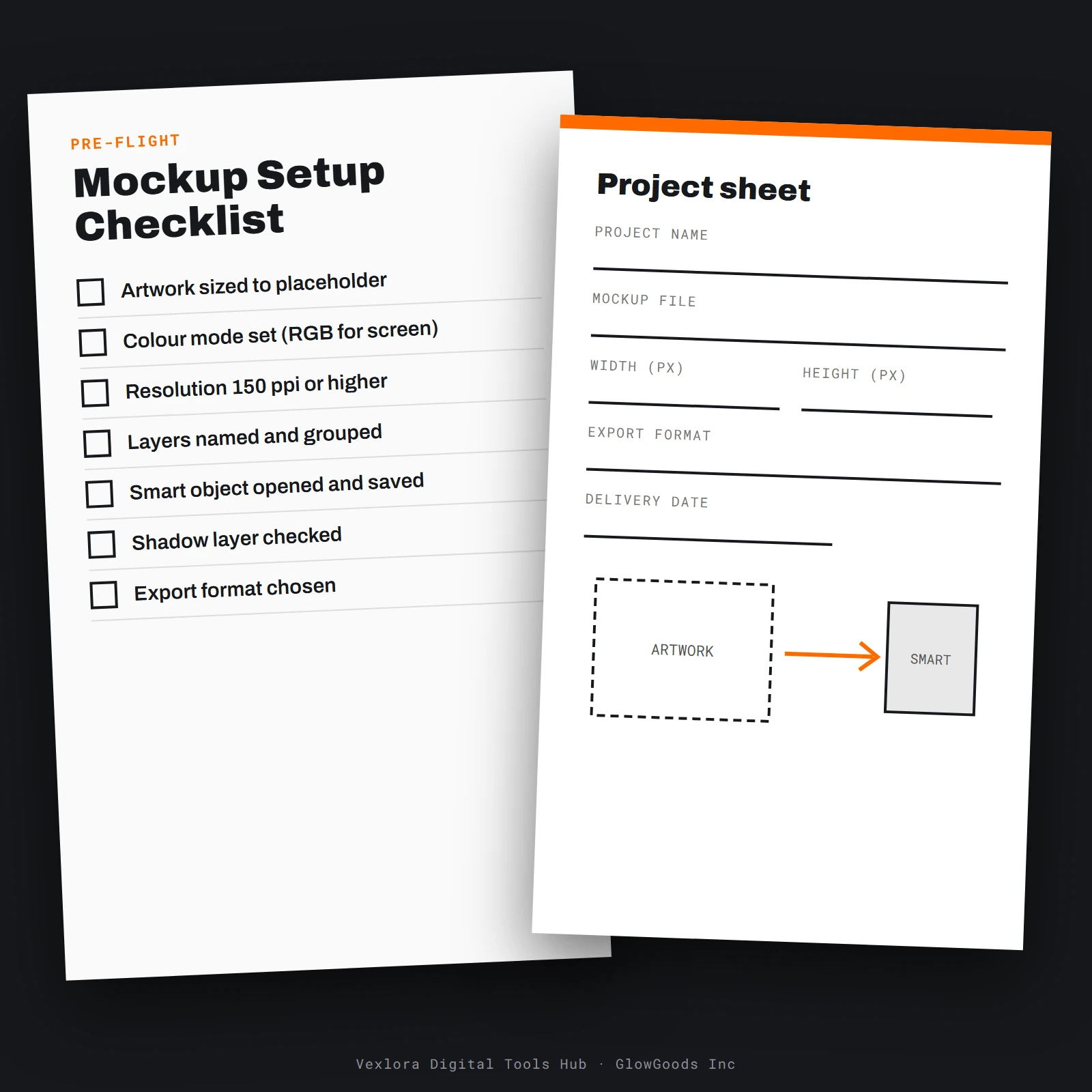 Preview of the Mockup Setup Checklist Worksheet showing tick boxes, a project sheet and a smart-object placement diagram