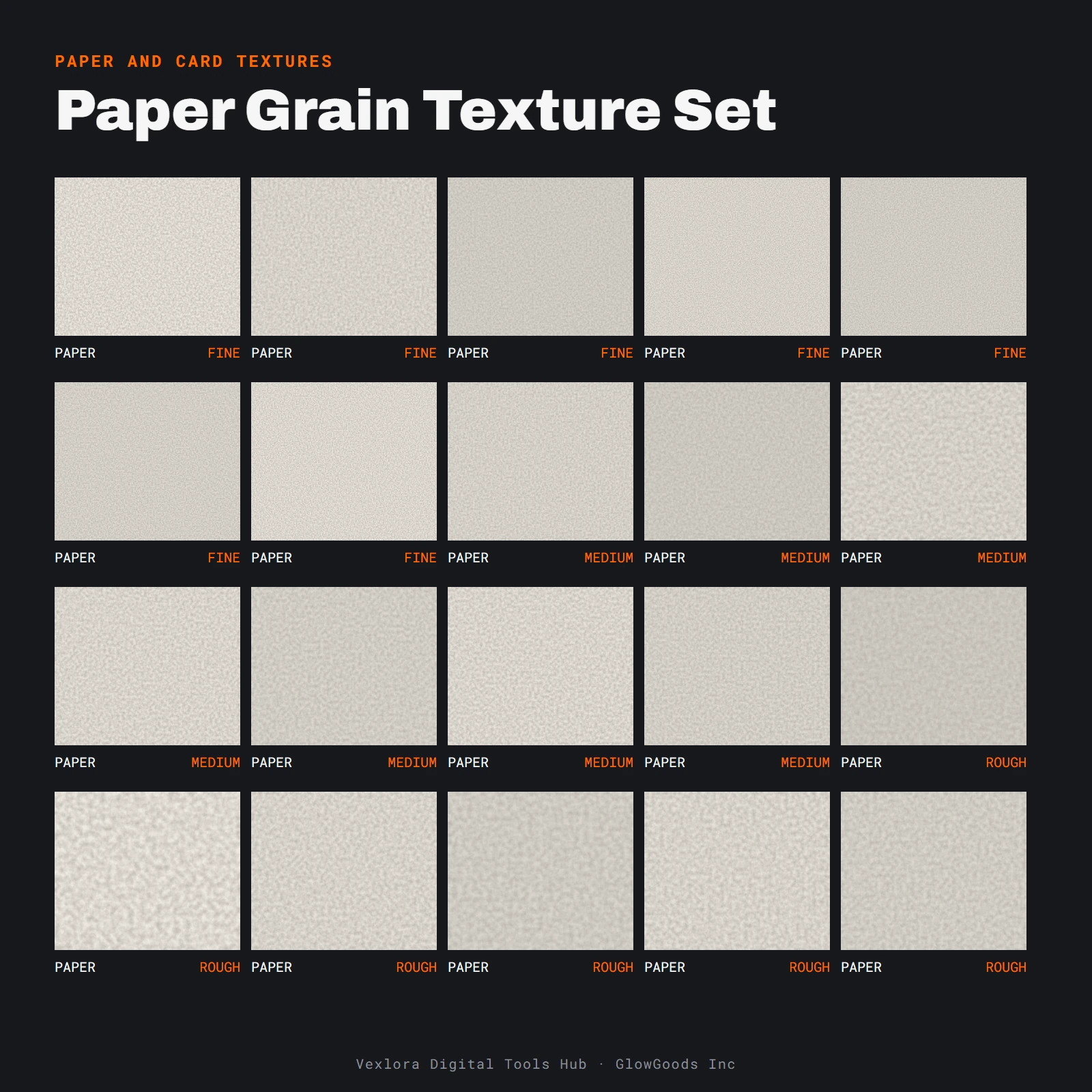 Preview of the Paper Grain Texture Set showing a grid of neutral paper grain swatches in fine, medium and rough tooth