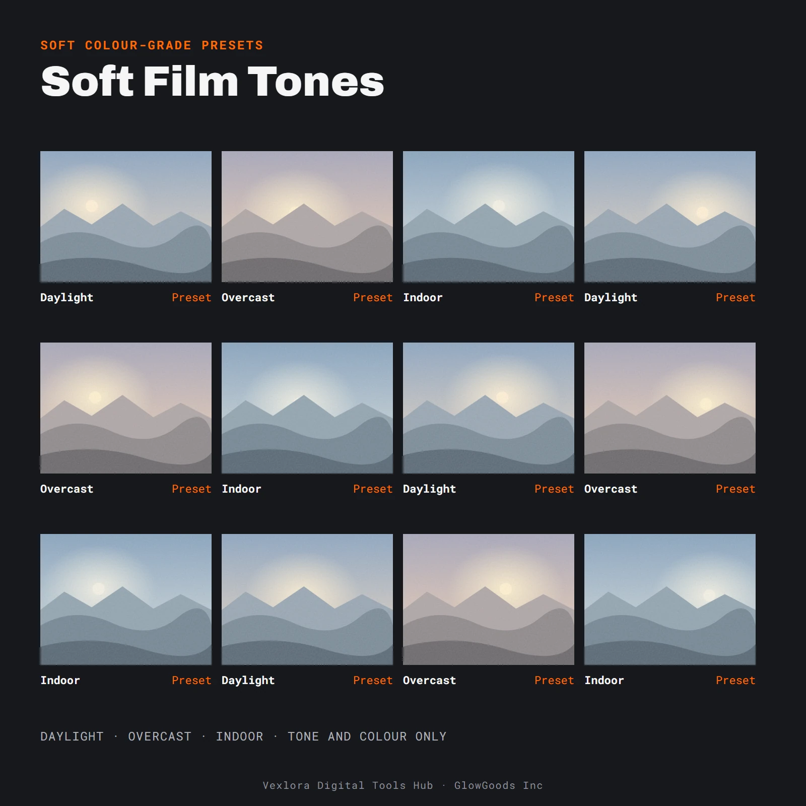 Preview of the Soft Film Tones Preset Pack showing gradient colour-grade tiles with swatches and preset names