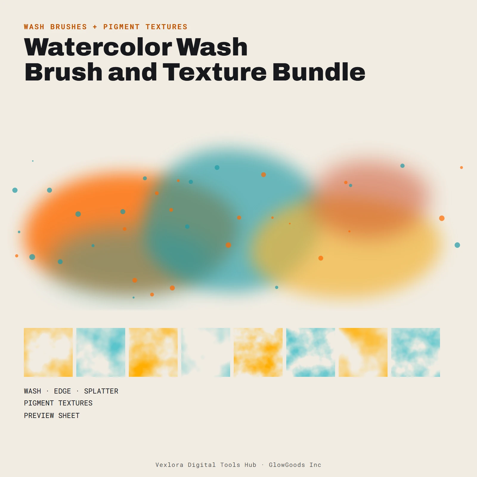 Preview of the Watercolor Wash Brush and Texture Bundle showing soft orange and teal wash strokes with a texture swatch row